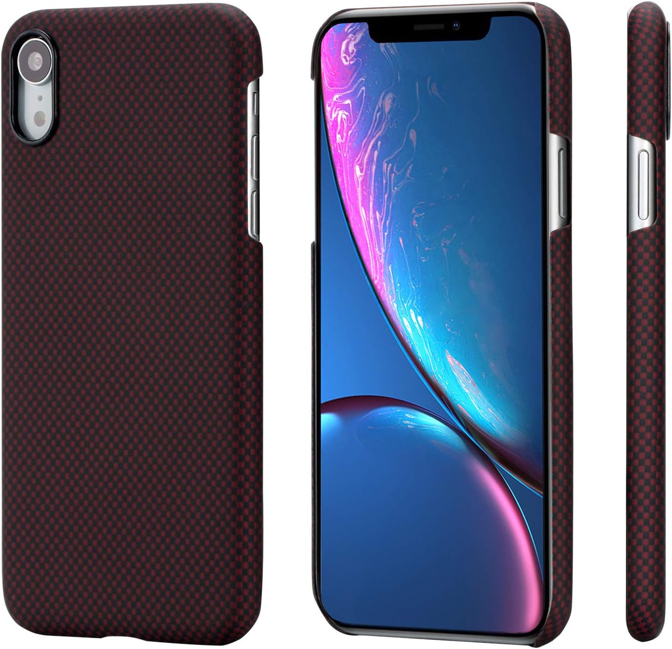PITAKA Magnetic Slim Case Compatible with iPhone XR 6.1", MagEZ Case Aramid Fiber [Real aero Crafts Material] Phone Case,Minimalist Strongest Durable Snugly Fit Snap-on Case - Black/Red(Plain)
