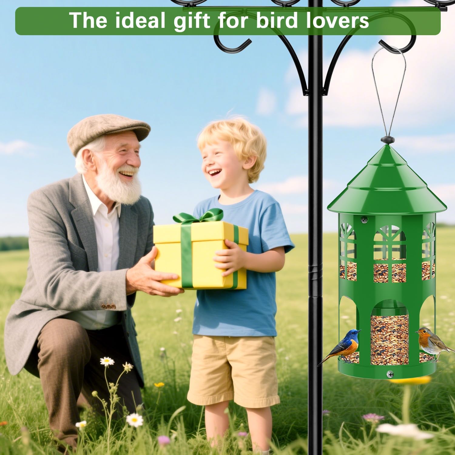Metal Bird Feeder for Outdoor Hanging, Large Capacity Wild Bird Feeder with Weatherproof Roof & Squirrel-Proof Design, Easy to Fill & Clean, Ideal for Cardinals, Finches, and Blue Jays