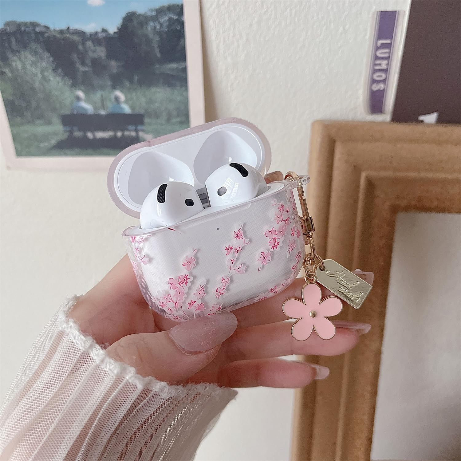 MINSCOSE Compatible with AirPods 4 Clear Case,Cute Flower Pattern Aesthetic Design with Floral Keychain, Soft TPU Protective Shockproof Cover for AirPods 4 for Girls Women-Pink Flower image 3