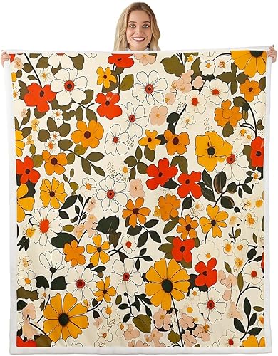 Vista 16 de Manfei Daisy Flowers Flannel Fleece Throw Blanket 60"x80" 90s Groovy Daisies Fuzzy Blanket for Sofa Couch Retro Hippie Flowers All Season Bed Orange