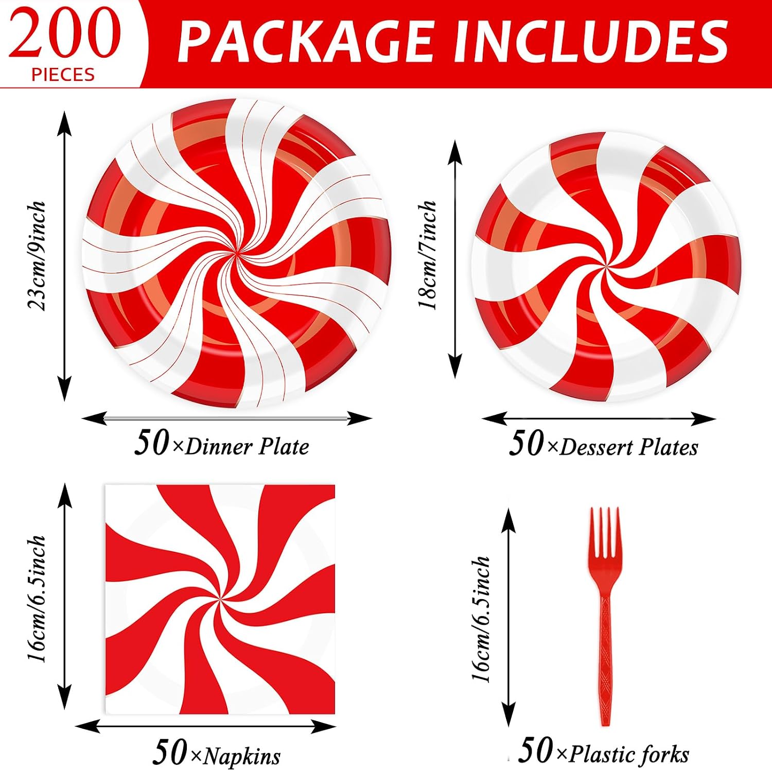 50 Guests Christmas Candy Cane Plates and Napkins Party Supplies Peppermint Party Decorations Disposable Tableware Set Red and White Striped Dinnerware Favor for Holiday Xmas Theme Party, 200PCS image 2