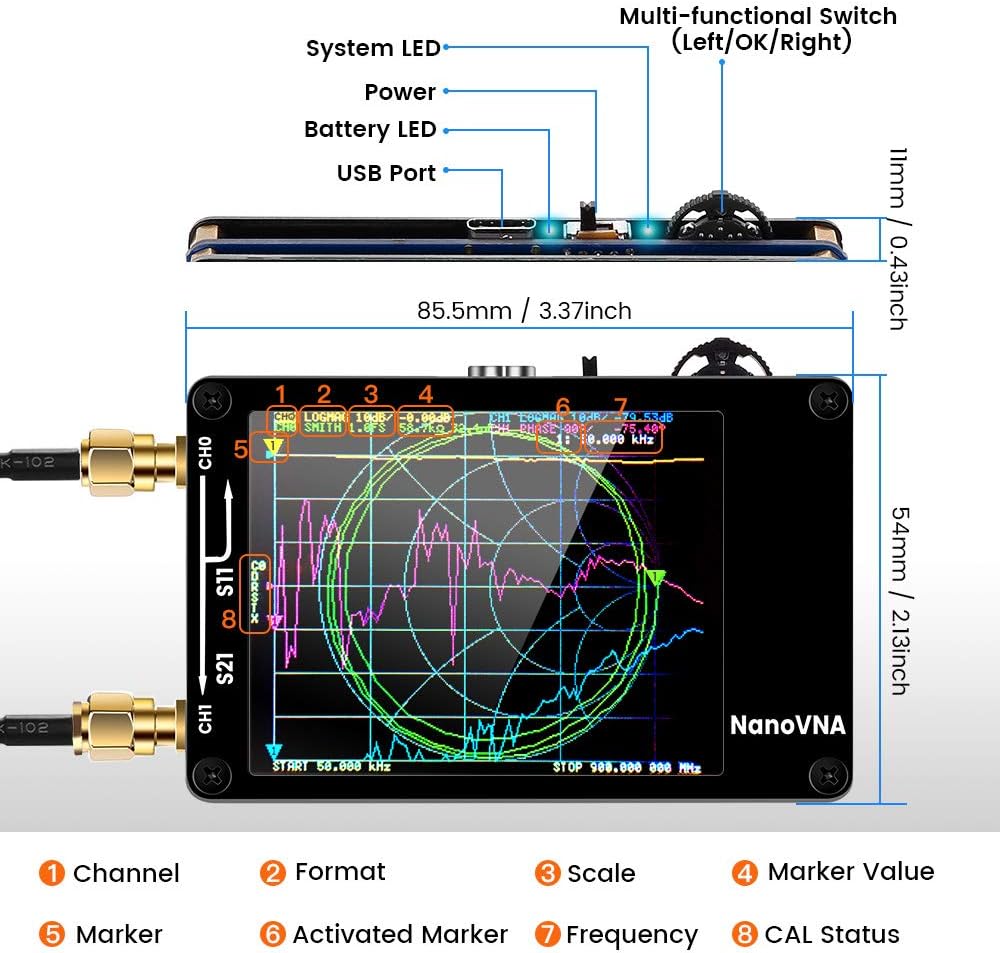 Nanovna 10KHz-1.5Ghz Vector Network Analyzer Kit,SEESII MF HF VHF UHF Antenna Analyzer Measuring S Parameters, Voltage Standing Wave Ratio, Phase, Delay, Smith Chart with 2.8" Touch Screen
