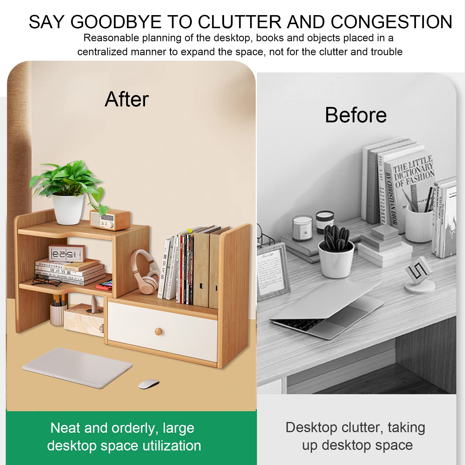 Undres Bücherregal, Desk Organizer, Schreibtisch Regal, Desktop-Bücherregal aus Holz, Hergestellt aus Hochwertiger MDF-Platte, für Schlafzimmer, Büro, Arbeitszimmer (Holzfarbe, Mit Schublade)
