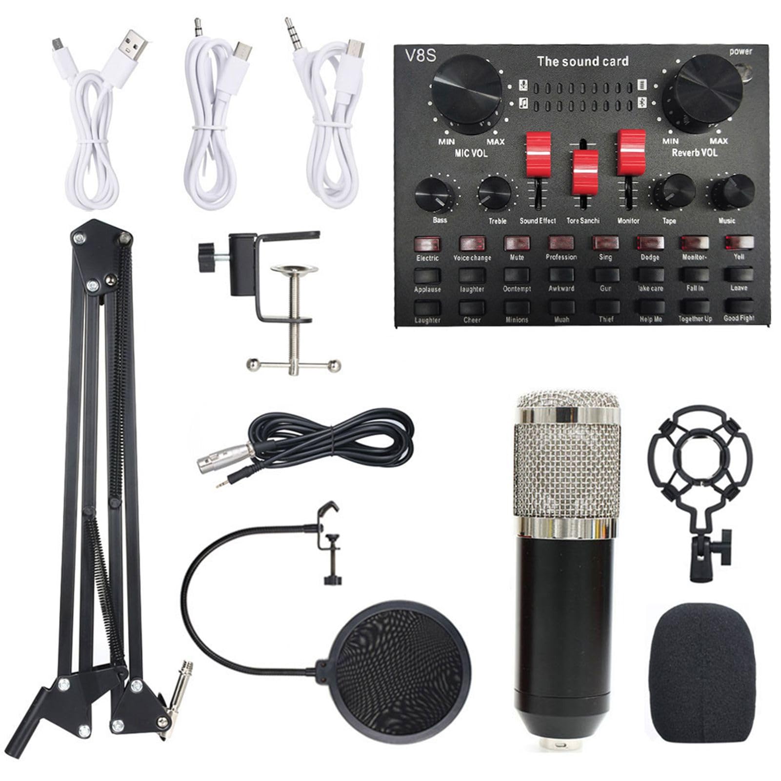 HUIOP Scheda Audio dal Vivo Multifunzionale BM800 Set di microfoni Apparecchiature di Registrazione Audio (Nero e Argento),Sound Card Microphone Set