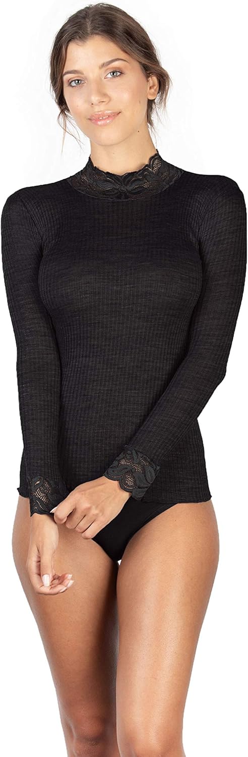 EGI ® Exclusive Collections Merino Wool Blend Top Lace Trim Long Sleeves. Proudly Made in Italy.