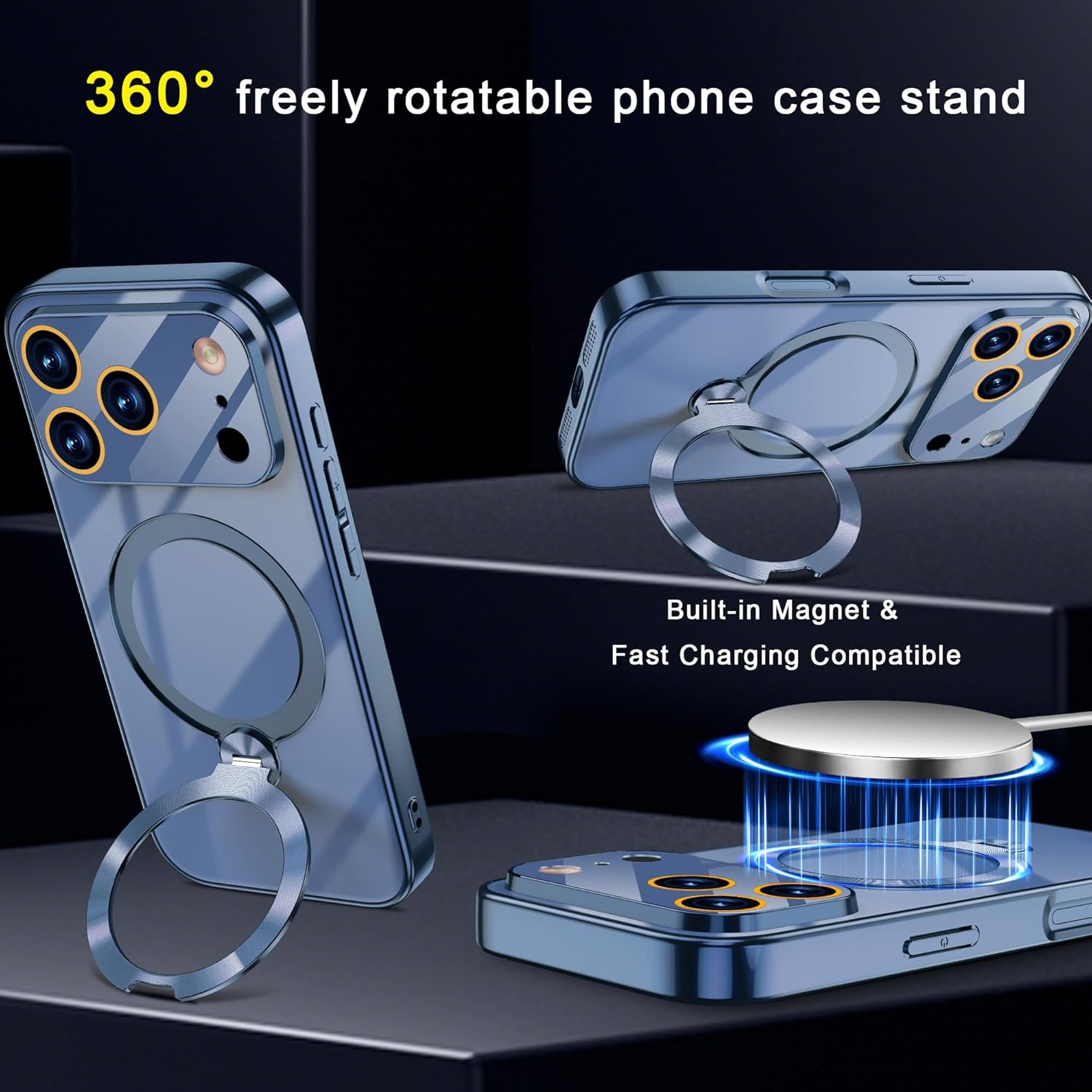 for iPhone 17 Pro Case with 360 Spin Stand | Compatible with MagSafe | Magnetic CD Ring & Camera Lens Protector | Shockproof Plating Never-Yellowing Blue