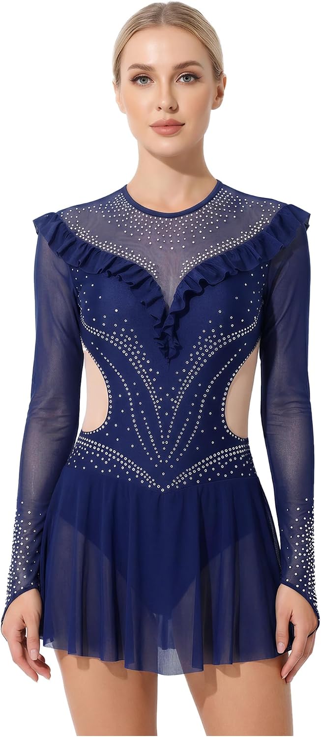 ranrann Women's Long Sleeve Ice Skating Dress with Shiny Rhinestone Figure Skating Dress for Competition