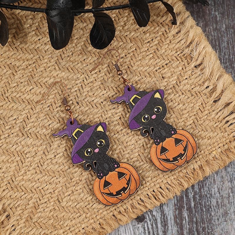 Vintage Halloween Pumpkin Wooden Drop Earring Retro Ghost Cat Wizard's Hat Bat Dangle Earrings Halloween Party Jewelry for Women - Image 3