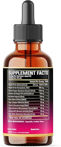 Miniatura 8 de Gotas líquidas de pimienta de cayena 11 en 1 con bayas de espino, vitamina D3, K2, berberina, melón amargo, cúrcuma y más - para apoyo cardíaco e