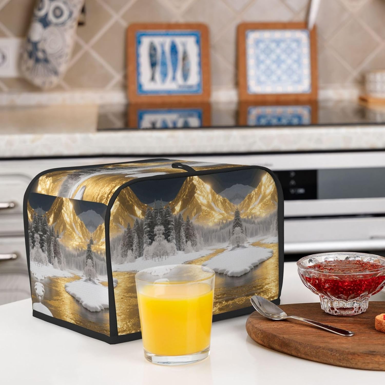 Golden Mountain Toaster Cover 2 Slice, Waterproof Bread Machine Covers with Pockets Universal Size Kitchen Small Appliance Cover with Handle, Dust and Fingerprint Protection