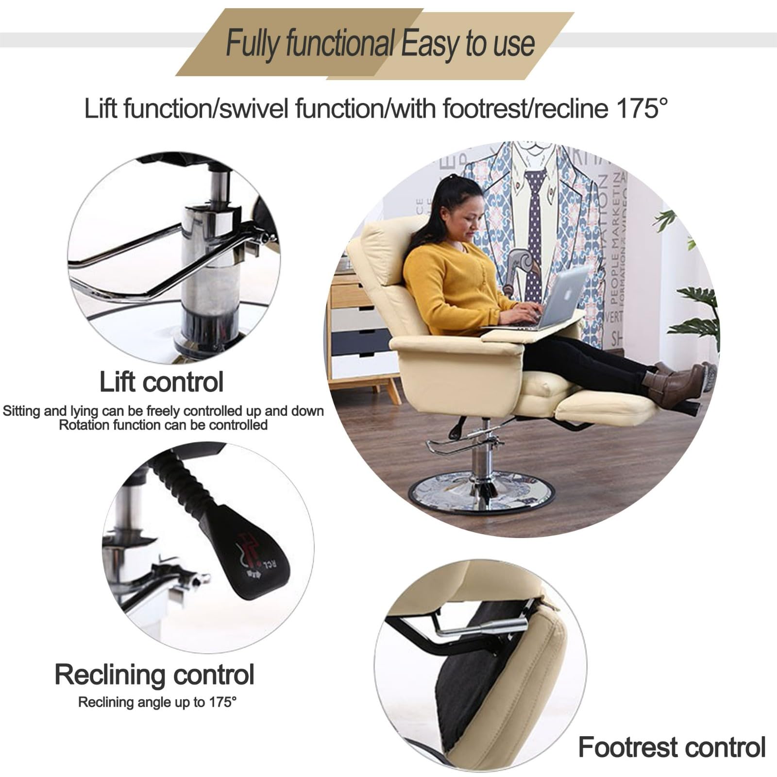Silla De Belleza Hidraulica Silla Estetica Camilla Estetica Sillones Pedicura Camilla Ajustable de Masaje Multifuncional, para Estetica Masaje Tatuaje Pedicura Pestañas Reclinable (Beige)