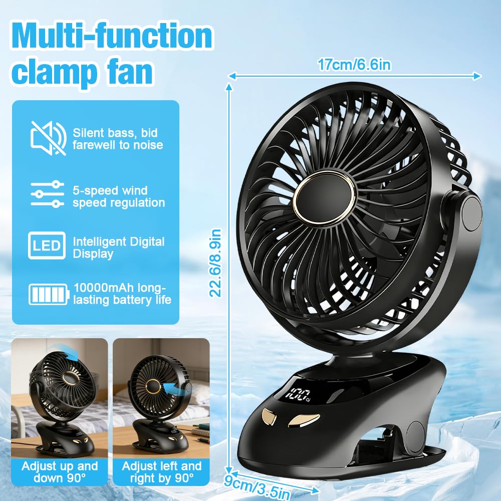 Tragbarer Ventilator zum Anklemmen, persönlicher Ventilator mit Clip, 6000 mAh, batteriebetrieben, USB-Schreibtischventilator, leise, wiederaufladbar, Mini-Tischventilator, 5 Geschwindigkeiten