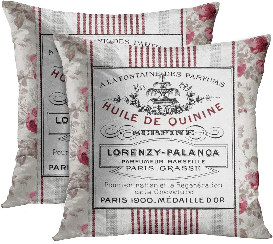Emvency Set of 2 Throw Pillow Cover Vintage French Ticking Floral Decorative Pillow Case Paris Home Decor Square 18 x 18 Inch Cushion Pillowcase