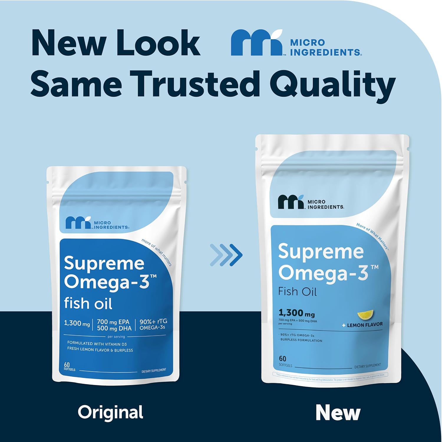 Micro Ingredients Supreme Omega-3 Fish Oil w/Ultra High EPA & DHA, Burpless Softgels | rTG Omega-3 with Vitamin D3 | Wild-Caught Cold Deep-Sea Fish | Lemon Flavor, Easy to Swallow, 60ct