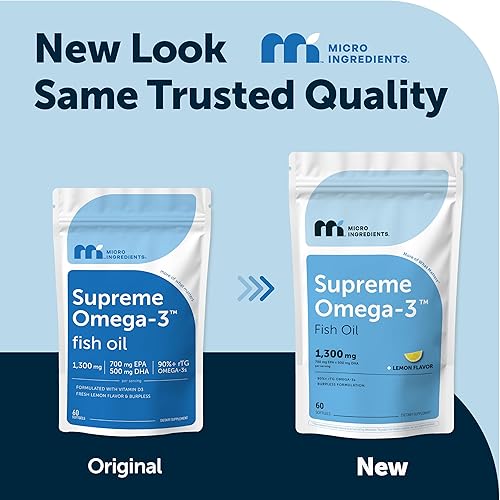 Miniatura 2 de Micro Ingredients Supreme Omega-3 Aceite de pescado con EPA y DHA ultra altos, cápsulas blandas sin eructos rTG Omega-3 con vitamina D3 Pescado