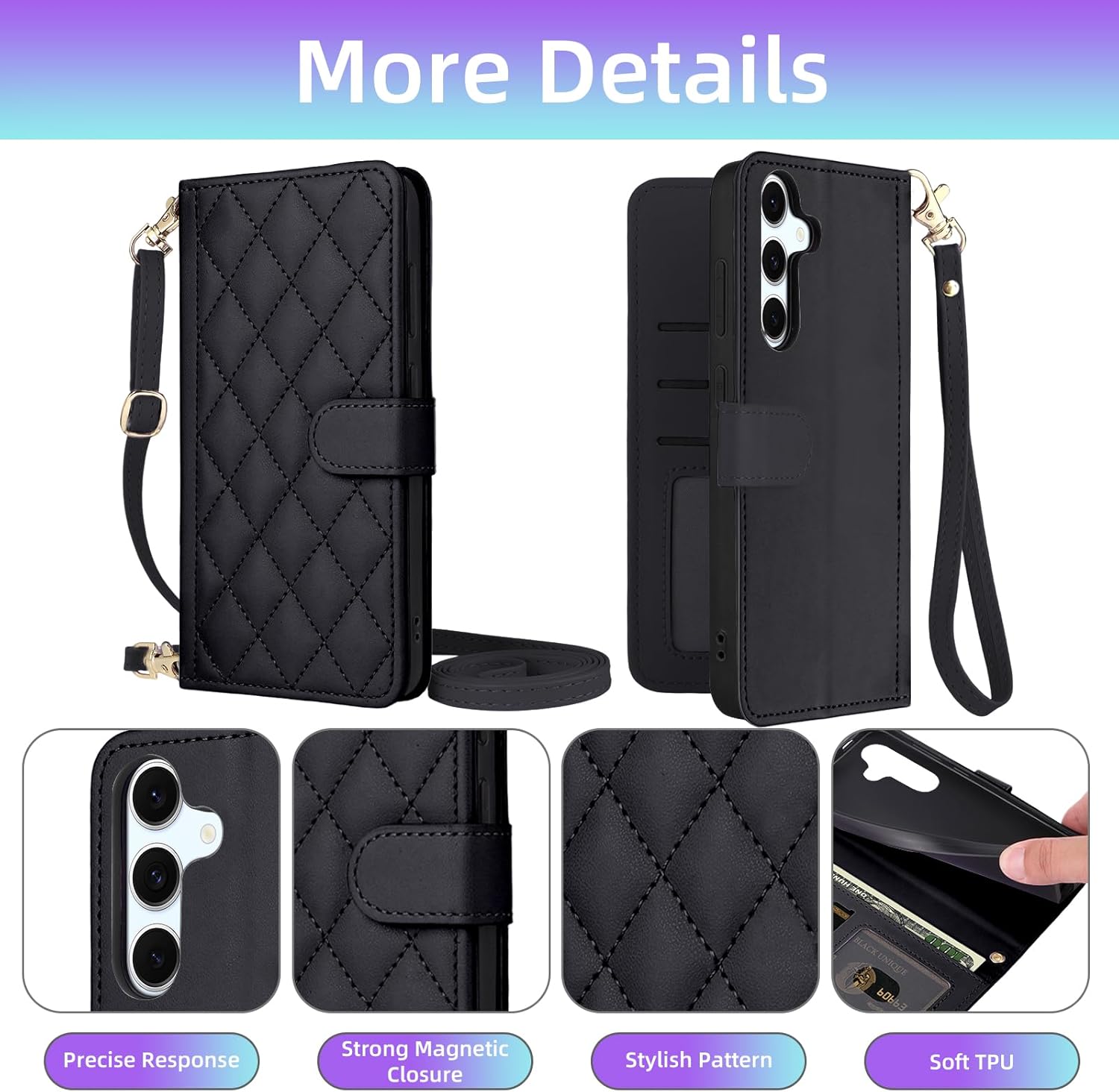 Furiet Argyle Wallet Case for Samsung Galaxy S24 Plus/S25 Plus S24+ S25+ 5G Wrist Strap Shoulder Strap, Card Slots Purse, Stand Phone Cover for S24Plus 24S + S 24 24+ S25Plus 25S 25+ Women Men Black - Image 4