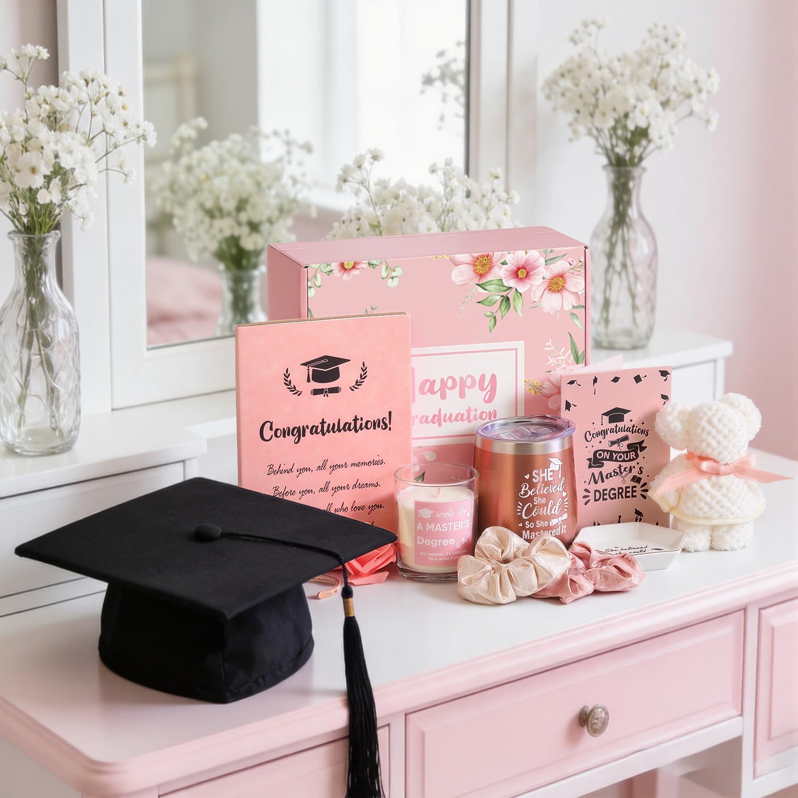 Sieral 11 Pcs Masters Graduation Gifts Set for Her Includes Notebook Tumbler Cup Candle Bracelet Ceramic Jewelry Dish Card and More Master Degree Inspirational Grad Gift for Daughter Sister Friend