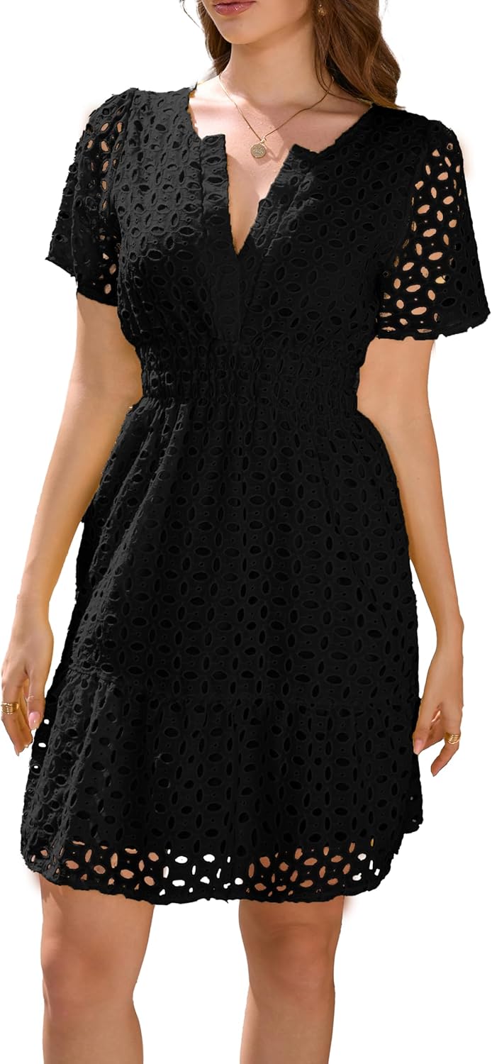 INR Dress for Women Elastic Waist Hollow Out Embroidered A Line Casual Fashion Skirt Beach and Prom Cocktail Party Dresses - Image 3