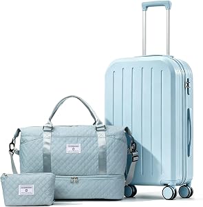 3 Piece Carry On Luggage Set with Quiet Spinner Wheels, 20 Inch Hardshell Suitcase with Duffle Bag and Cosmetic Pouch for Airplane, Lightweight Suitcase PC+ABS, (20"/DB/TB) (Blue)