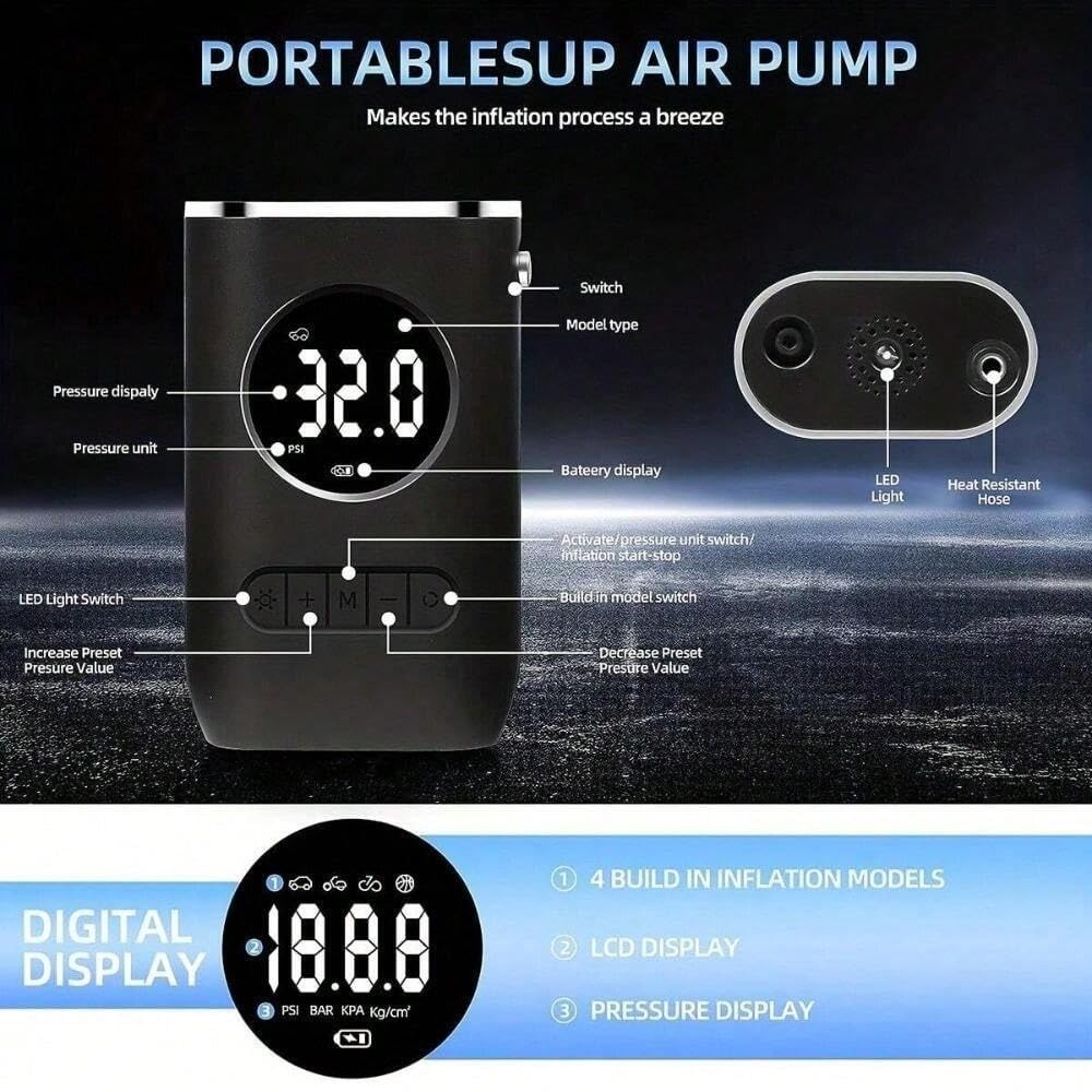 Inflador Ruedas Coche Bomba de aire para coche, Inflador de neumáticos eléctrico portátil con pantalla Digital inalámbrica, bomba de mano para bola de motocicleta Compresores de aire portátiles
