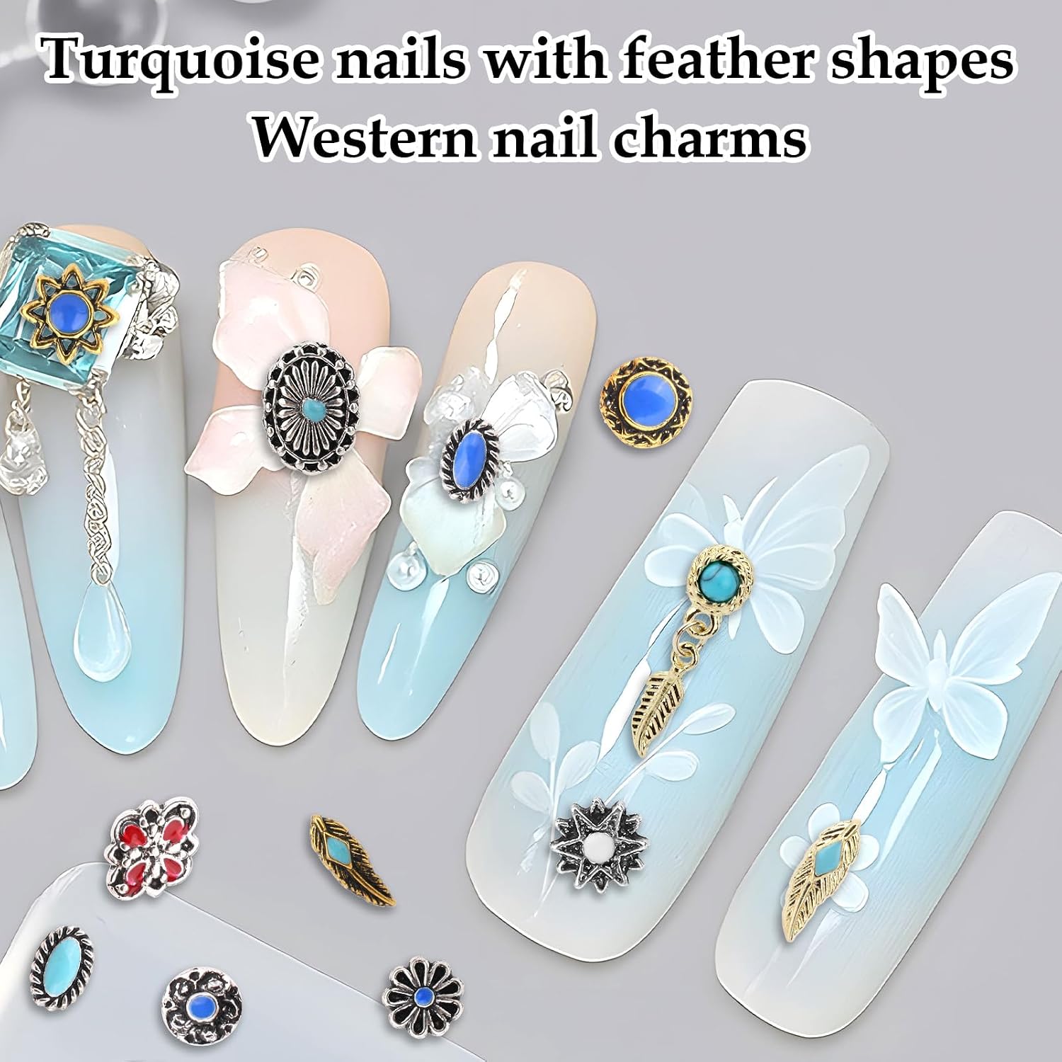 50pcs Stylish Western Turquoise Nail Charms, Retro Metal Cowboy Nail Gems Mixed Shapes DIY Manicure Accessories for Gel & Acrylic Fingernails image 3
