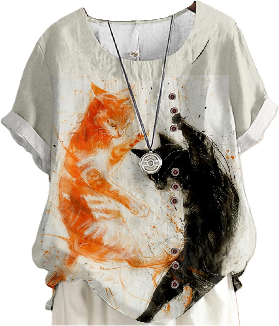 Shirts for Women Cute Cat Print Summer Casual Vacation Plus Size Fashion Funny Graphic Vintage Lounge Tunic Top