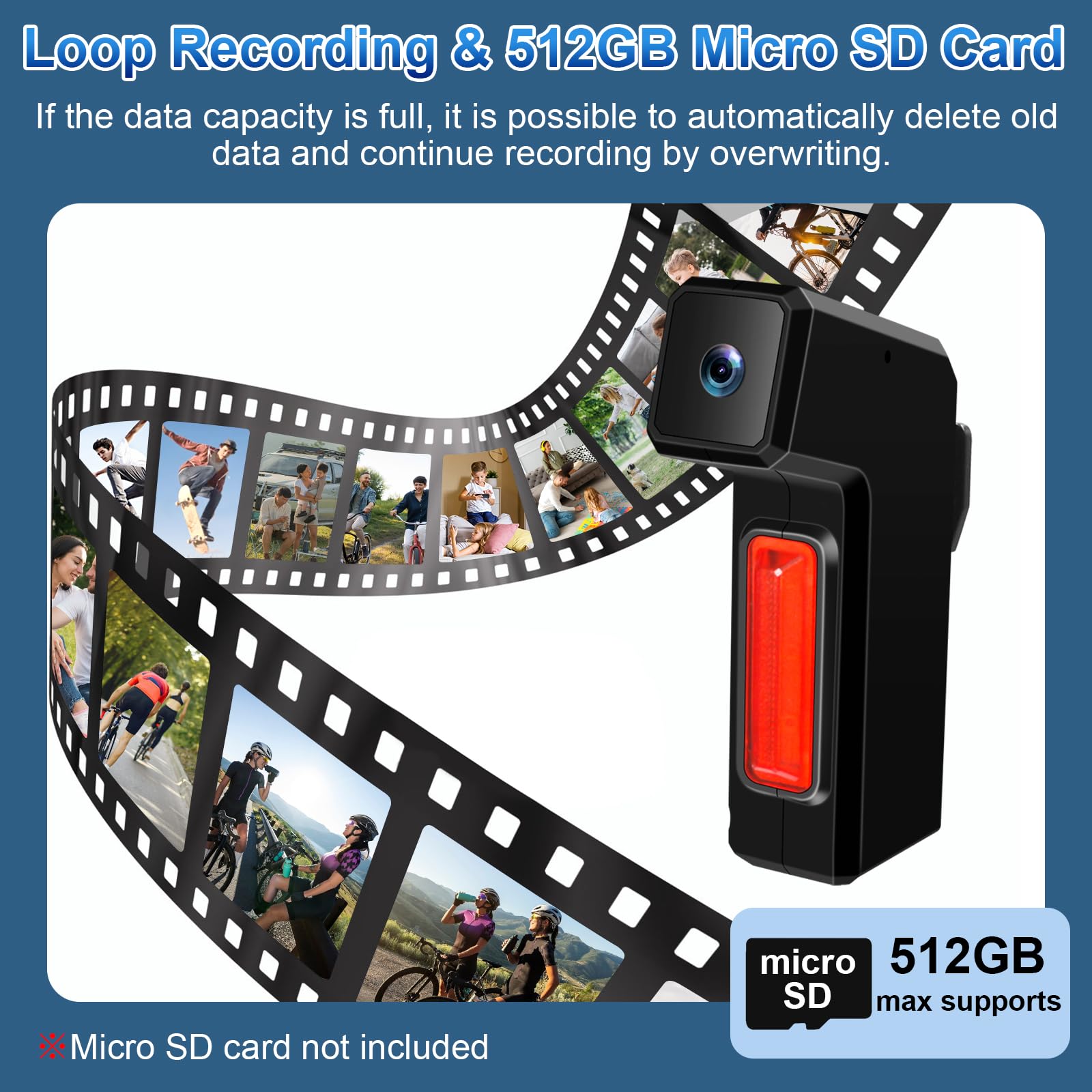 Action Cam Moto 1080P Grandangolo IPX3, Dashcam con Fanale 3 Modalità | Batteria 3500mAh (19h), 512GB SD, registrazione in loop, fascette incluse, per bici/moto