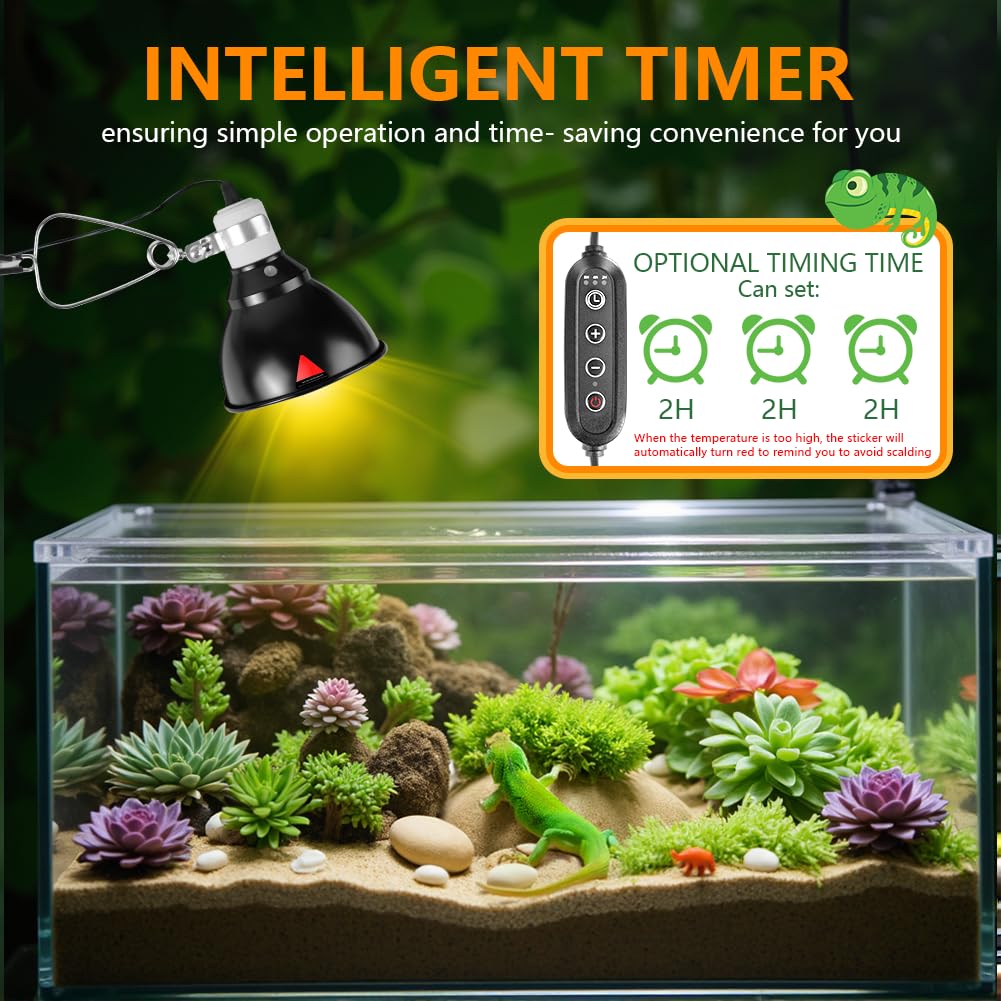HOTUT Lámpara para Tortuga, E27 Lámpara de Calor para Tortugas UVA UVB, Giratorio 360°, con Clip para Colgar, Control Tiempo y Temperatura para Reptiles, Tortugas