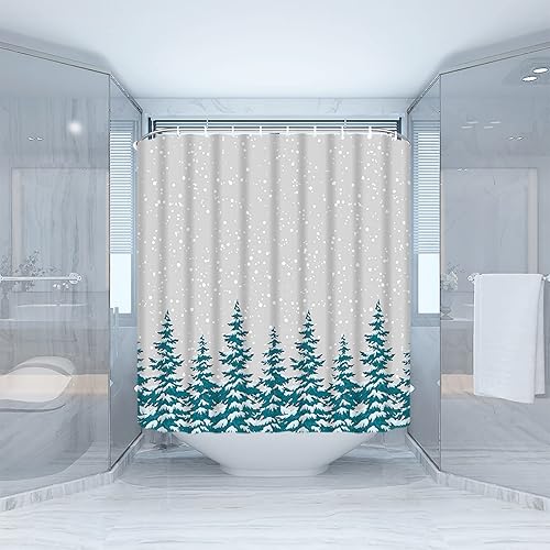 Miniatura 3 de Cortina de ducha de bosque de invierno, pinos, copos de nieve, granja, Navidad, naturaleza, paisaje nevado, cortina de baño de poliéster con ganchos