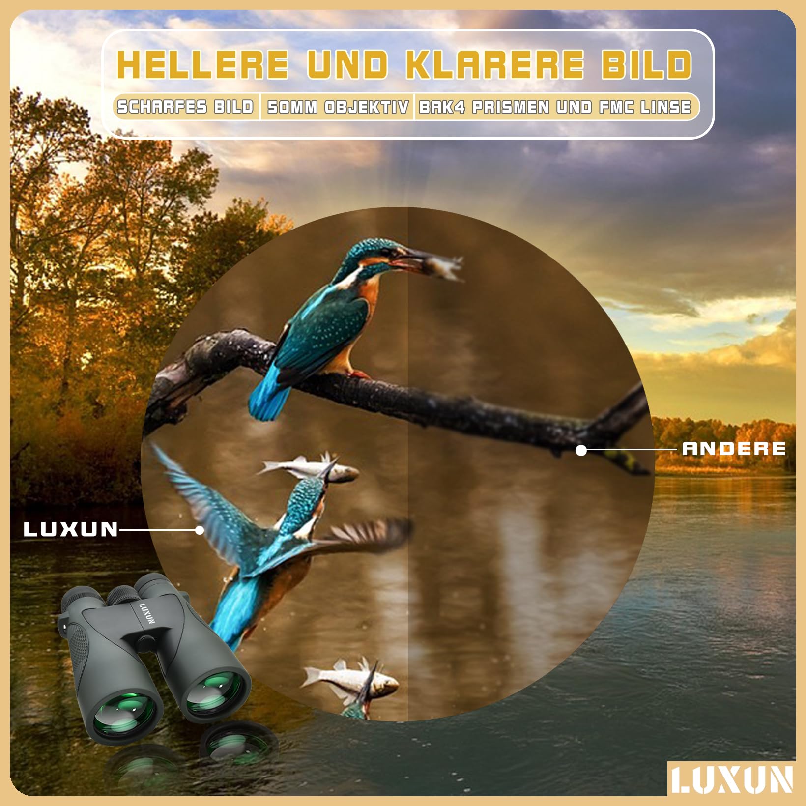 LUXUN 12x50 HD Fernglas für Erwachsene, Fernglas mit Smartphone Adapter Tragetasche, 20mm großes Okular Jagdfernglas mit FMC Beschichtung & Premium BAK4 Prismenobjektiv