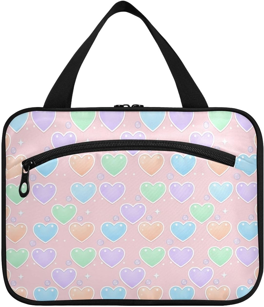 Colorful Heart Travel Toiletry Bag with Hanging Hook, Portable Makeup Cosmetic Bag Travel Organizer for Travel-Sized Toiletries Accessories Essentials, Large