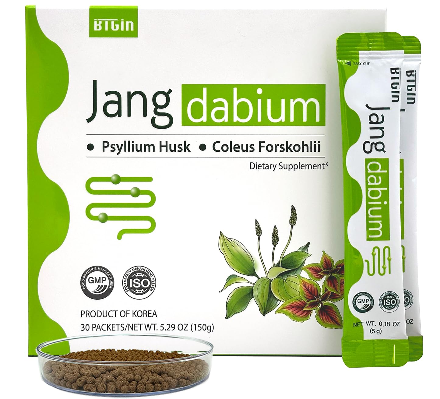 Jangdabium Psyllium Husk Fiber Granules with Coleus Forskohlii & 10 Botanicals - Natural Supplement for Digestive Health, Detox & Weight Management - Expands 40x for Fullness - 30 Packets