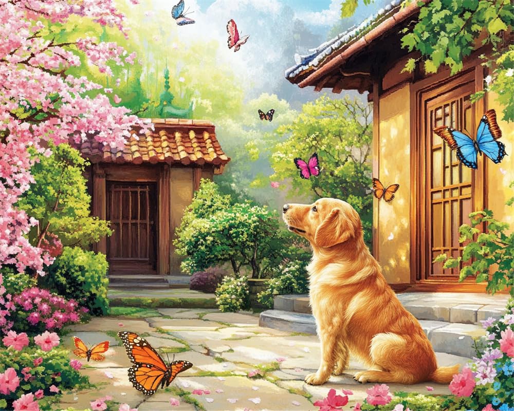 Henypt Crafts Stamped Cross Stitch Kits Preprinted Pattern Counted Embroidery A Dog and Butterflies in A Courtyard Starter Kits for Beginner and Adults Stamped 11Ct Adult Craft Kits