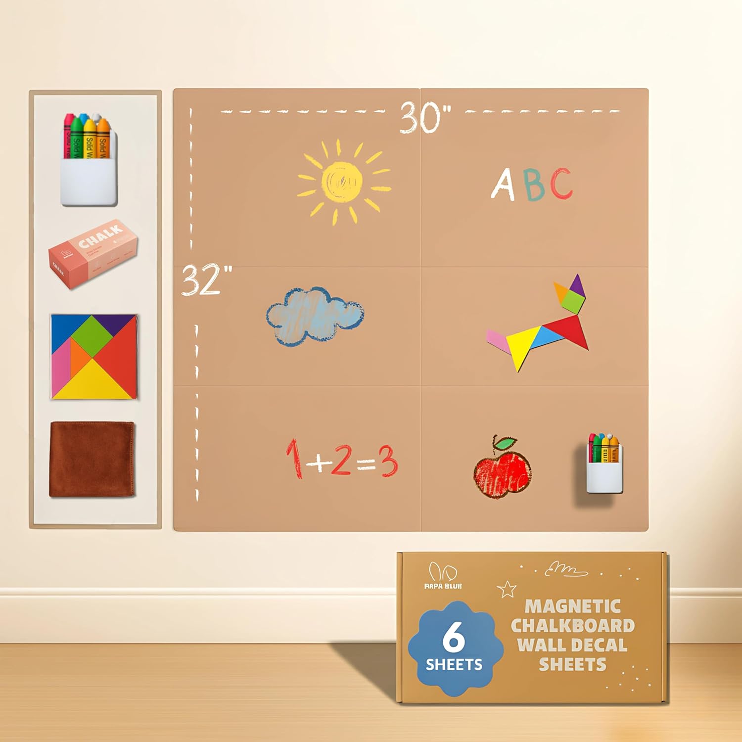 Magnetic Chalkboard Wall Decal for Kids  Set of 6 Peel and Stick Magnet Sheets with Chalk, Tangram Puzzle, and Holder  Modular Learning and Drawing Board for Homeschool, Playroom, Classroom