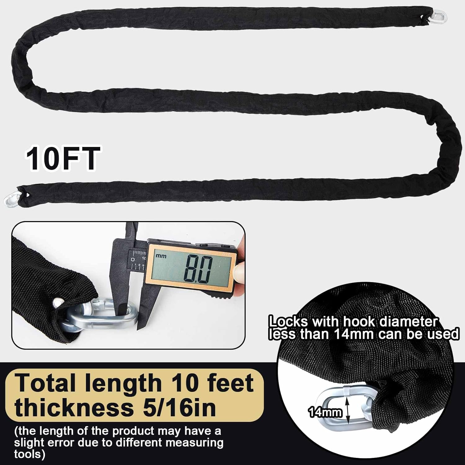 MorningRo 8KS 10 Foot x 5/16 '' Thick Square Security Chain Motorcycle Lock Heavy Duty Chain Lock with Black Bag for Bikes, Containers, Trailers, ATV's, and Personal/Industrial Property