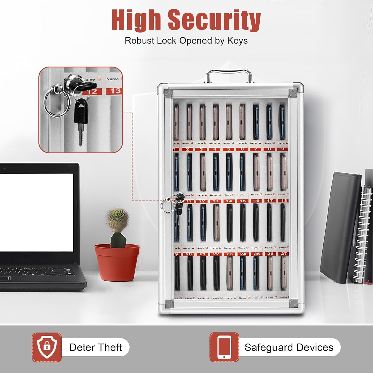 36 Slot Cell Phone Locker Cabinet, Aluminum Alloy Cell Phones Storage Cabinet Pocket with Safety Lock and Handle for Classroom Office