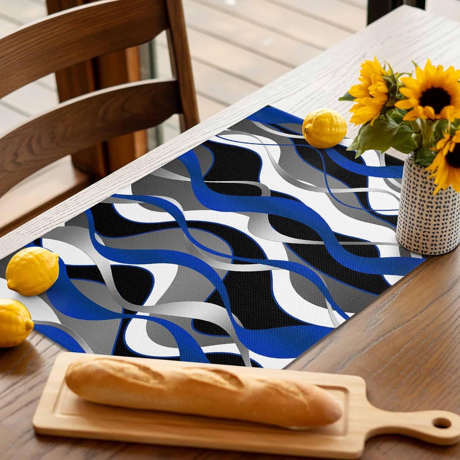 Geometric Blue Placemats Set of 6 - Washable Woven Burlap Cloth Fabric Placemat for Square/Rectangle/Round/Oval Dining Table,Modern Abstarct Grey Black White Stripes Easy Clean Place Mats for Kids
