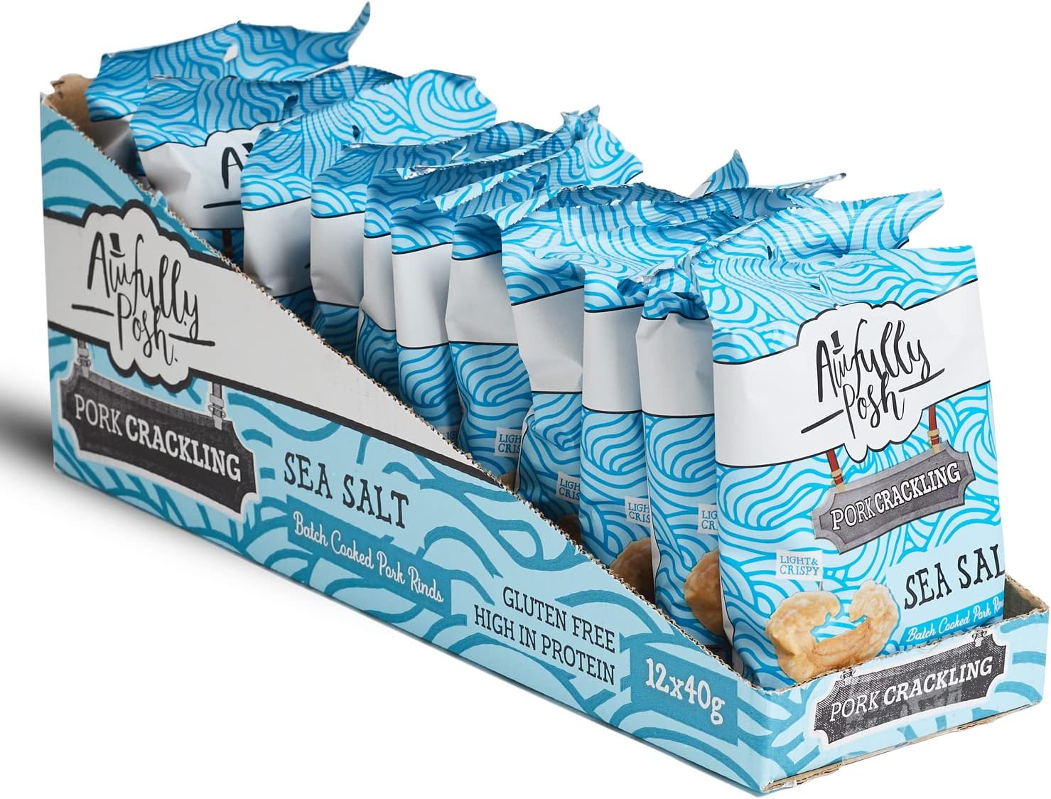 Awfully Posh Sea Salt Pork Crackling (12x40g) | Award Winning Delightfully Crispy & Outrageously Delicious Pork Snacks | High Quality Ingredients | Gluten Free, High in Protein, Keto-Friendly