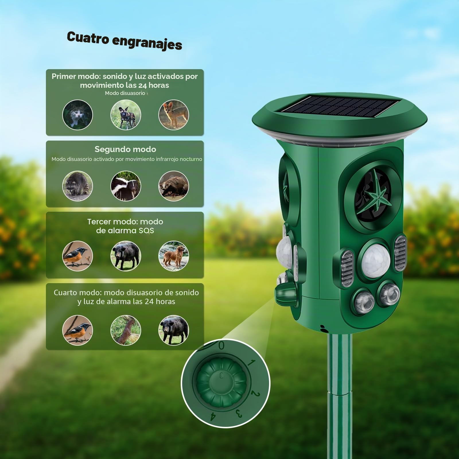 Ahuyentador de Gatos por Ultrasonido Solar con Detector de Movimiento | ahuyentador de animales jardín 360°, Protección contra Martas, IP66 Resistente al Agua, Con Flash, Eficaz contra Gatos