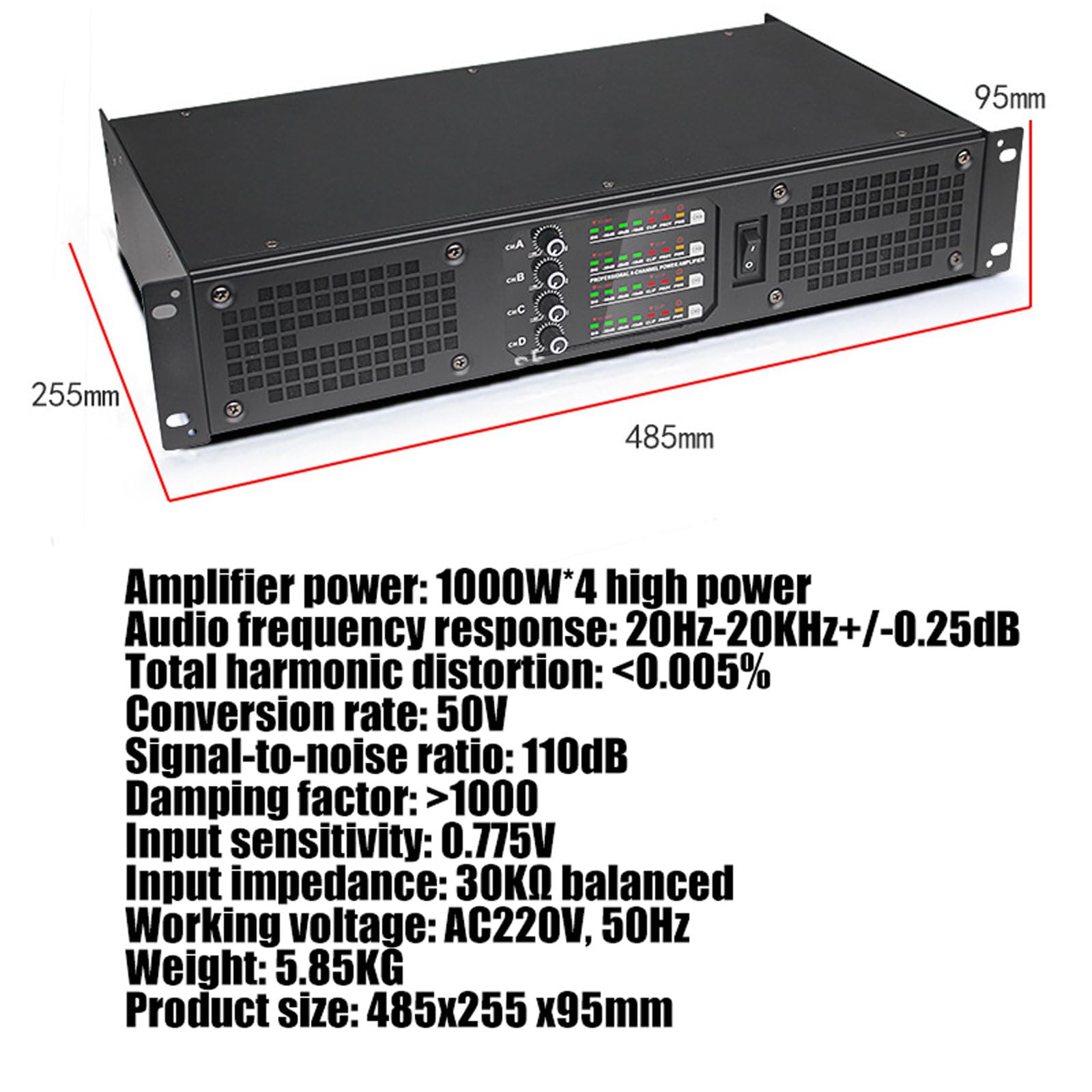 Profesjonalny wzmacniacz audio 1000 W X 4, domowy wzmacniacz mocy z oświetleniem LED, 4-kanałowe niezależne wyjście, 2 wentylatory chłodzące, do domu