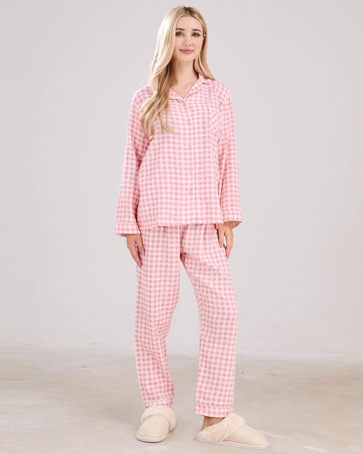 Womens Cotton Pajama Sets Long Sleeve Button Down Shirt and Pants Sleepwear 2 Piece Gingham Pj Set - Image 2