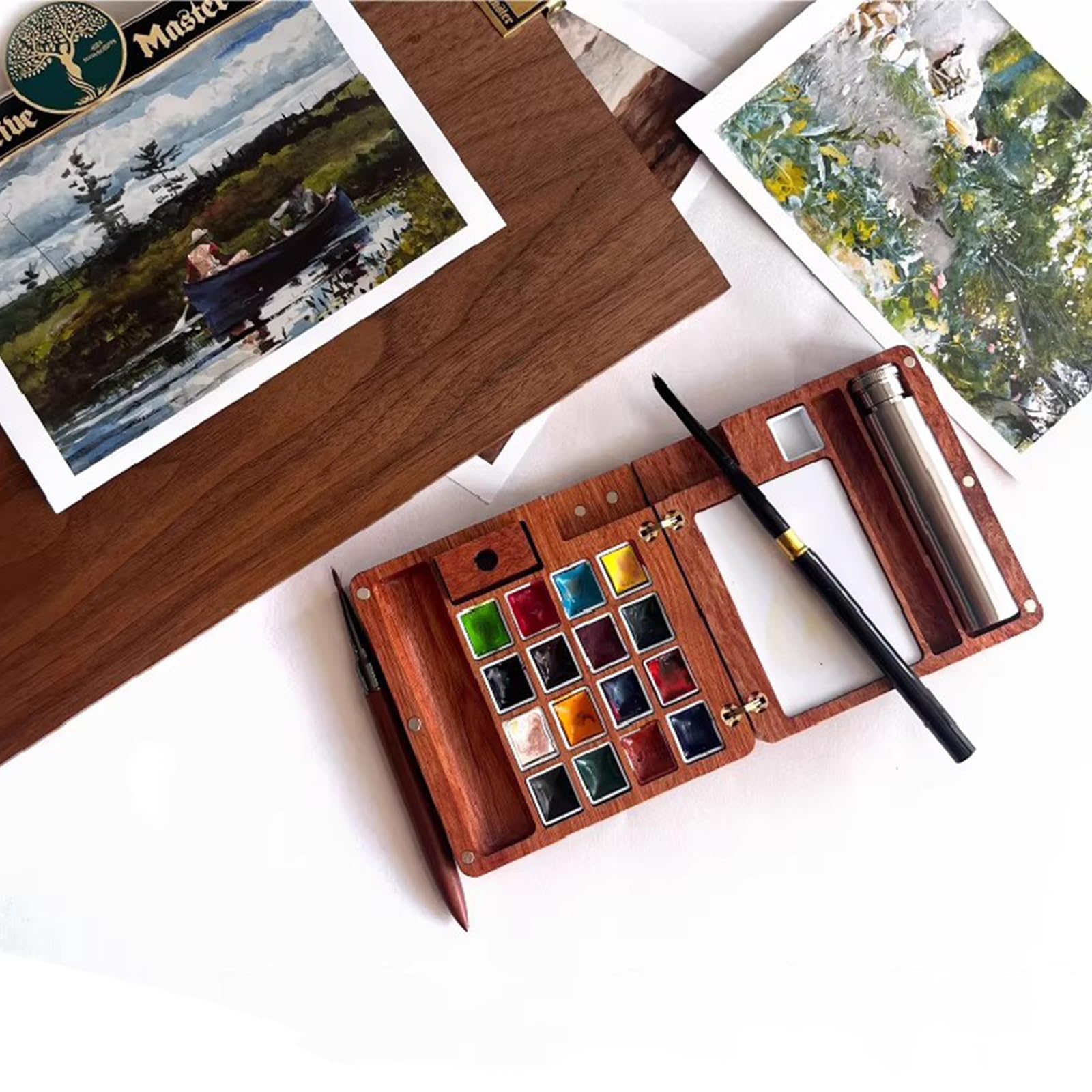 Palette d'aquarelle, mini portable 24 compartiments, boîte en bois de 2 ml avec tasse de lavage, plateau de voyage pour aquarelle, gouache, acrylique, idéale pour les artistes et les étudiants