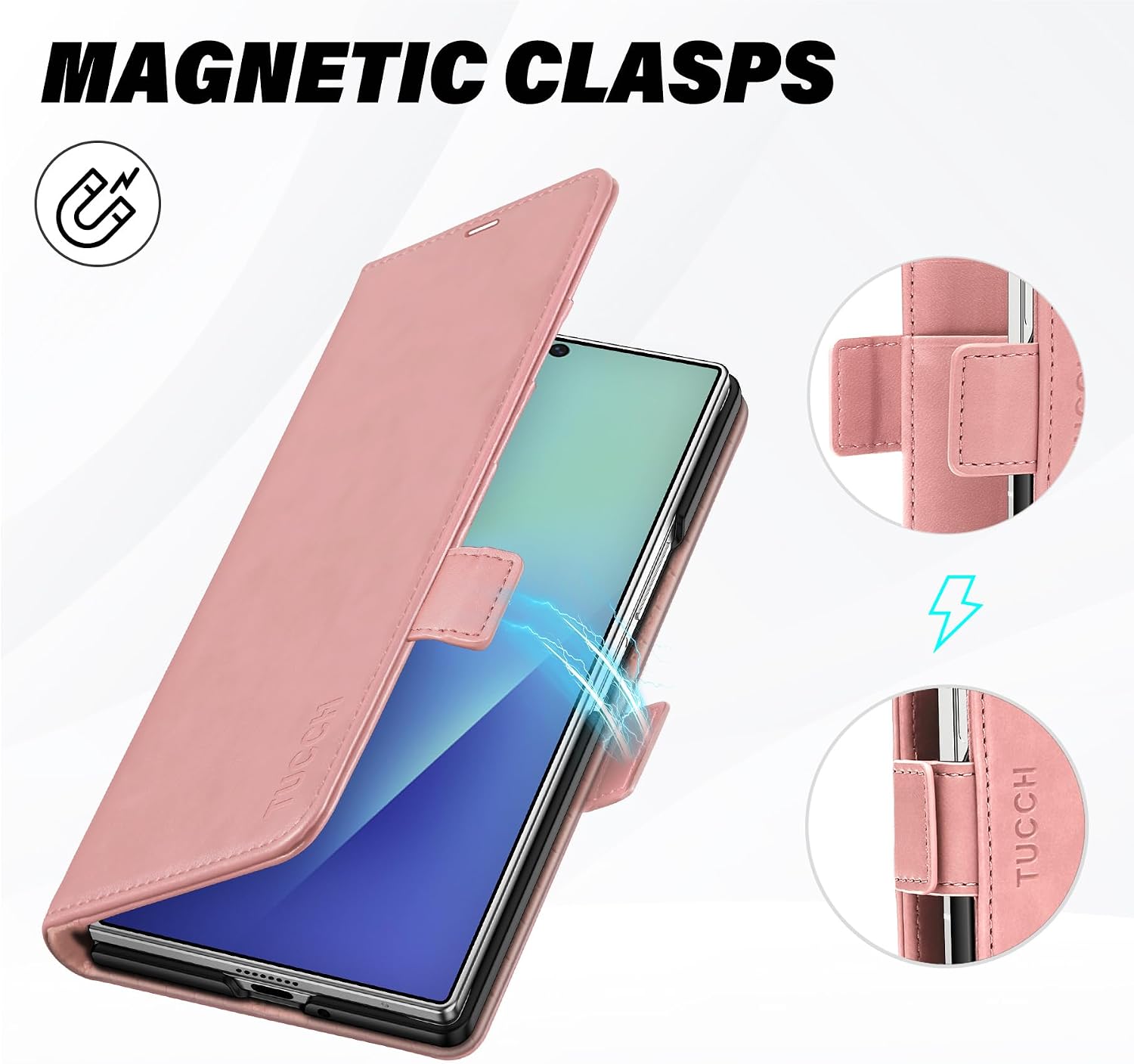 TUCCH Wallet Case for Galaxy Z Fold7, Shockproof Magnetic PU Leather Cover with [RFID Blocking] Kickstand [4 Card Slots], PC Inner Case Compatible with Galaxy Z Fold 7 (8.0") 2025 5G, Rose Gold