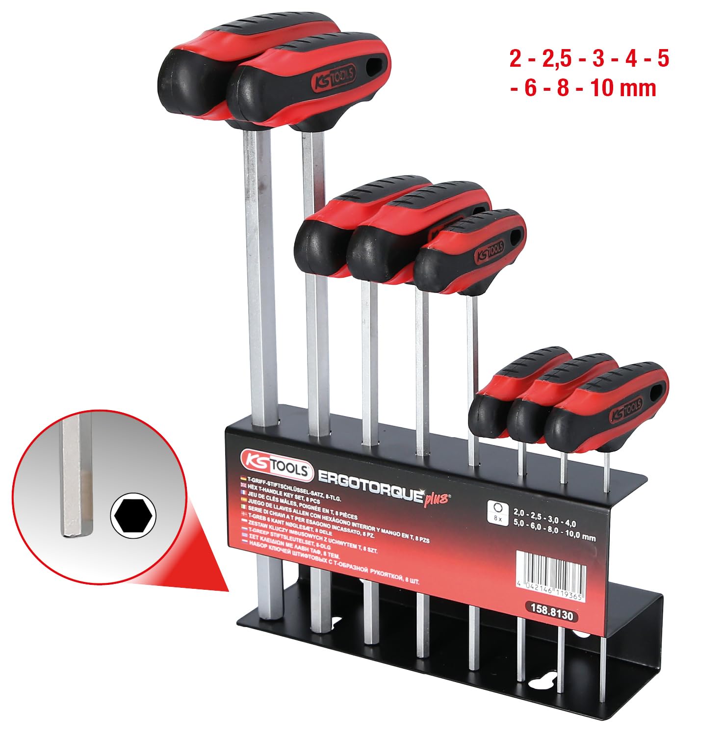 KS Tools 158.8130 Juego de llaves allen con hexágono interior y mango en t 8 pzs