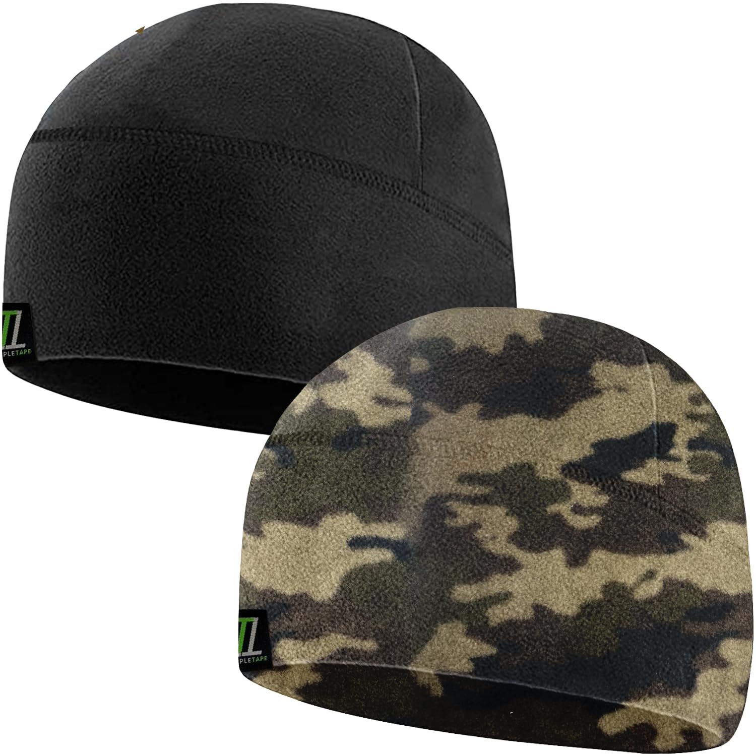 Temple Tape Unisex [2-Pack] 1-Black & 1-Camouflage Tactical Fleece Watch Cap Beanie – Skull Cap Fleece Hat - Mens & Women, Xl