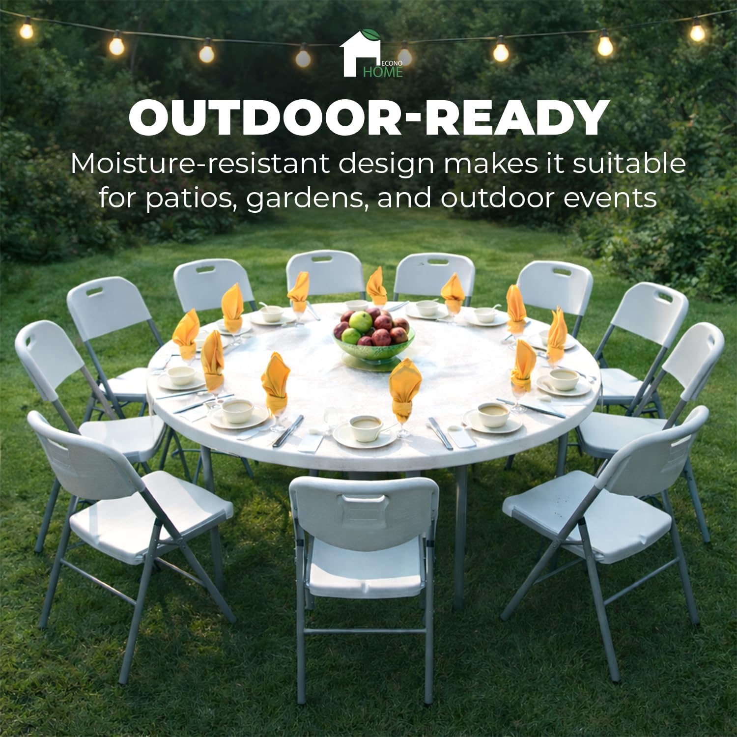 EconoHome 4 Ft Round Portable Folding Table – Heavy-Duty White Plastic, Seats 6, Folding for Space-Saving Storage & Transport – Ideal for Indoor/Outdoor Dining, Parties, Events, and More