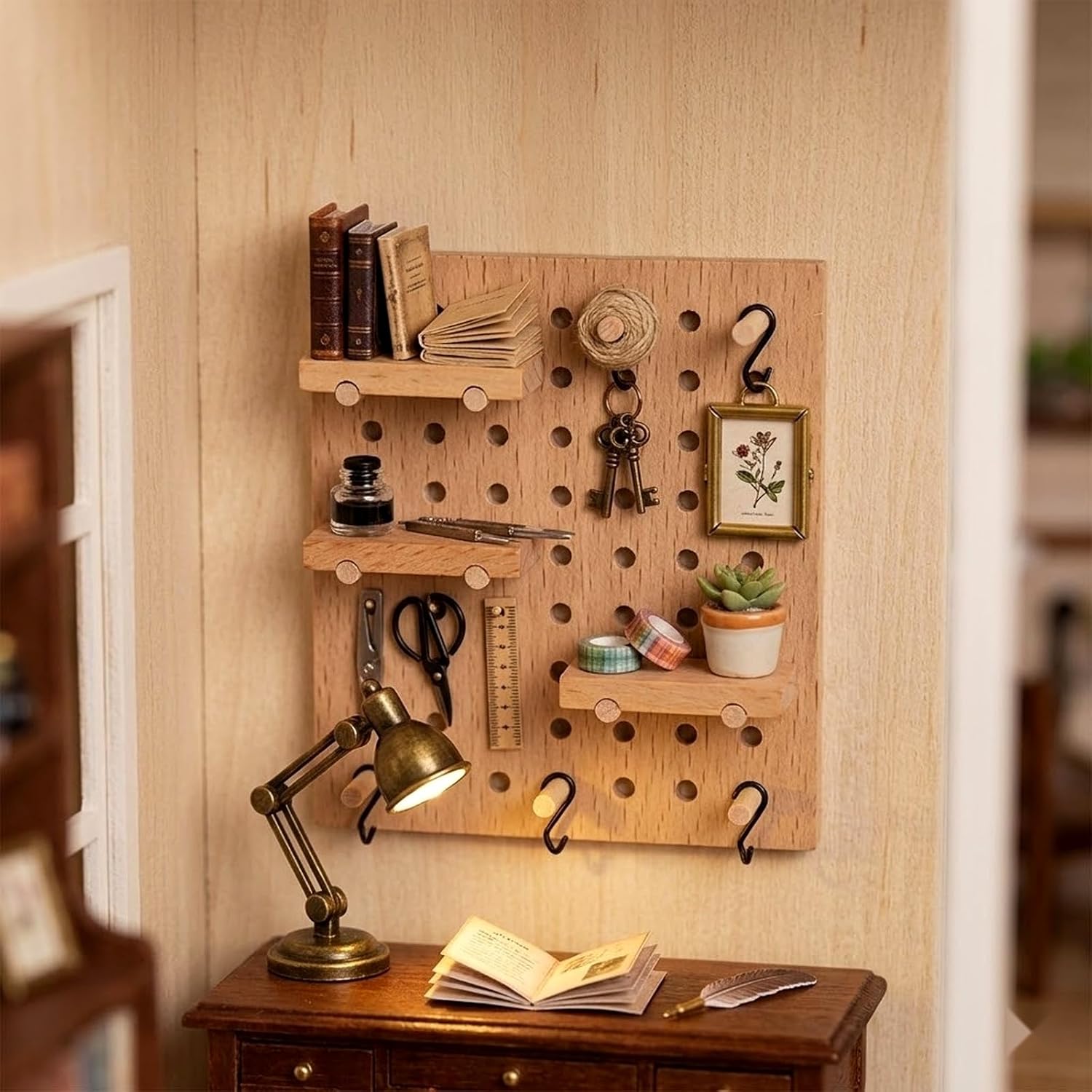 LOGOFUN 2pcs Solid Wood Miniature Wall Pegboard for Bjd Dollhouse Scene Storage Props and Decorations Accessories