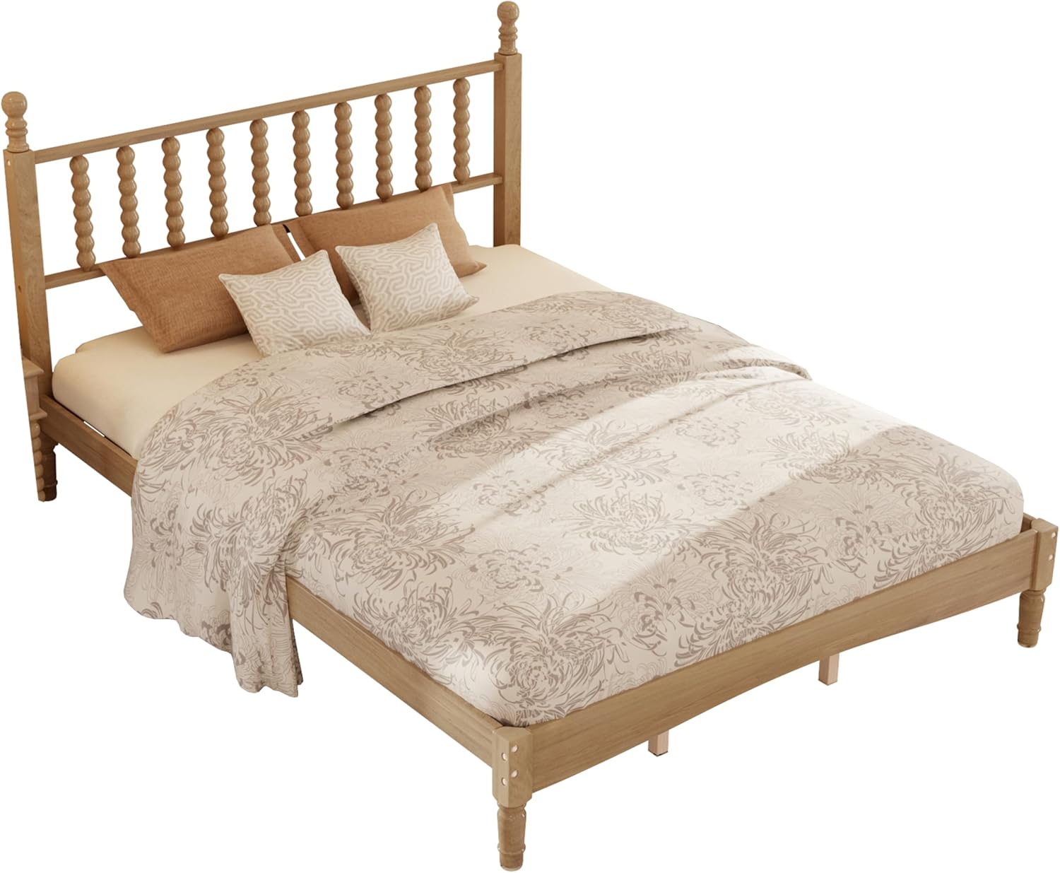 Merax 12.5 Inch Queen Size Solid Wood Platform Bed Frame with Wooden with Gourd Shaped Headboard, Retro Style Bedframe, Mattress Foundation, No Box Spring Needed, Large Under Bed Storage, Natural