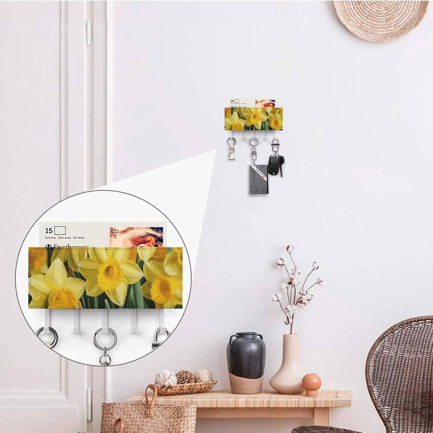 Yellow Flowers Key Holder with 5 Hooks Mail Organizer for Wall White-style image 4