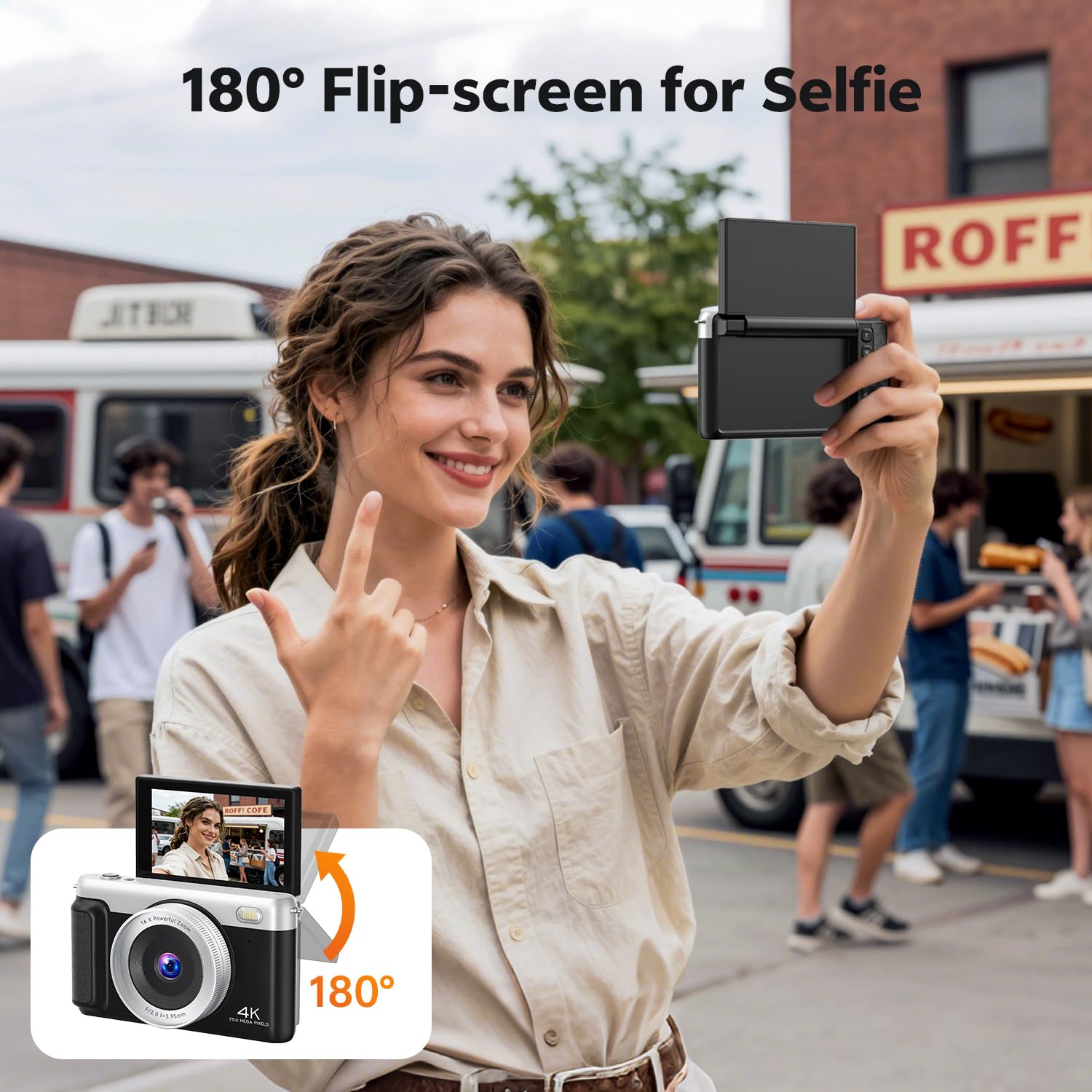 Cámara digital para fotografía, cámaras de vlogging 4K de 75 MP, zoom de 16 x cámara de enfoque automático con pantalla abatible de 3 pulgadas de 180°, cámaras digitales portátiles para principiantes
